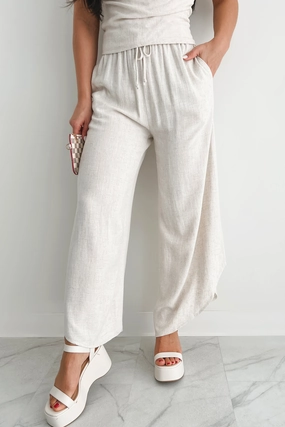 Flattering Comfort Wear Ultra Stretch Breezy Hour High Rise Linen Pants (Oat)