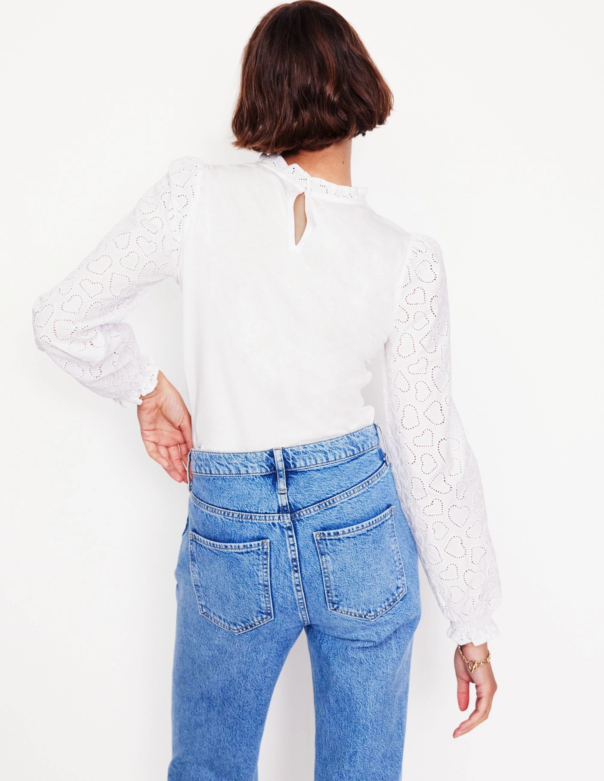 Quick Release Fasteners Broderie Sleeve Frill Neck Top-White