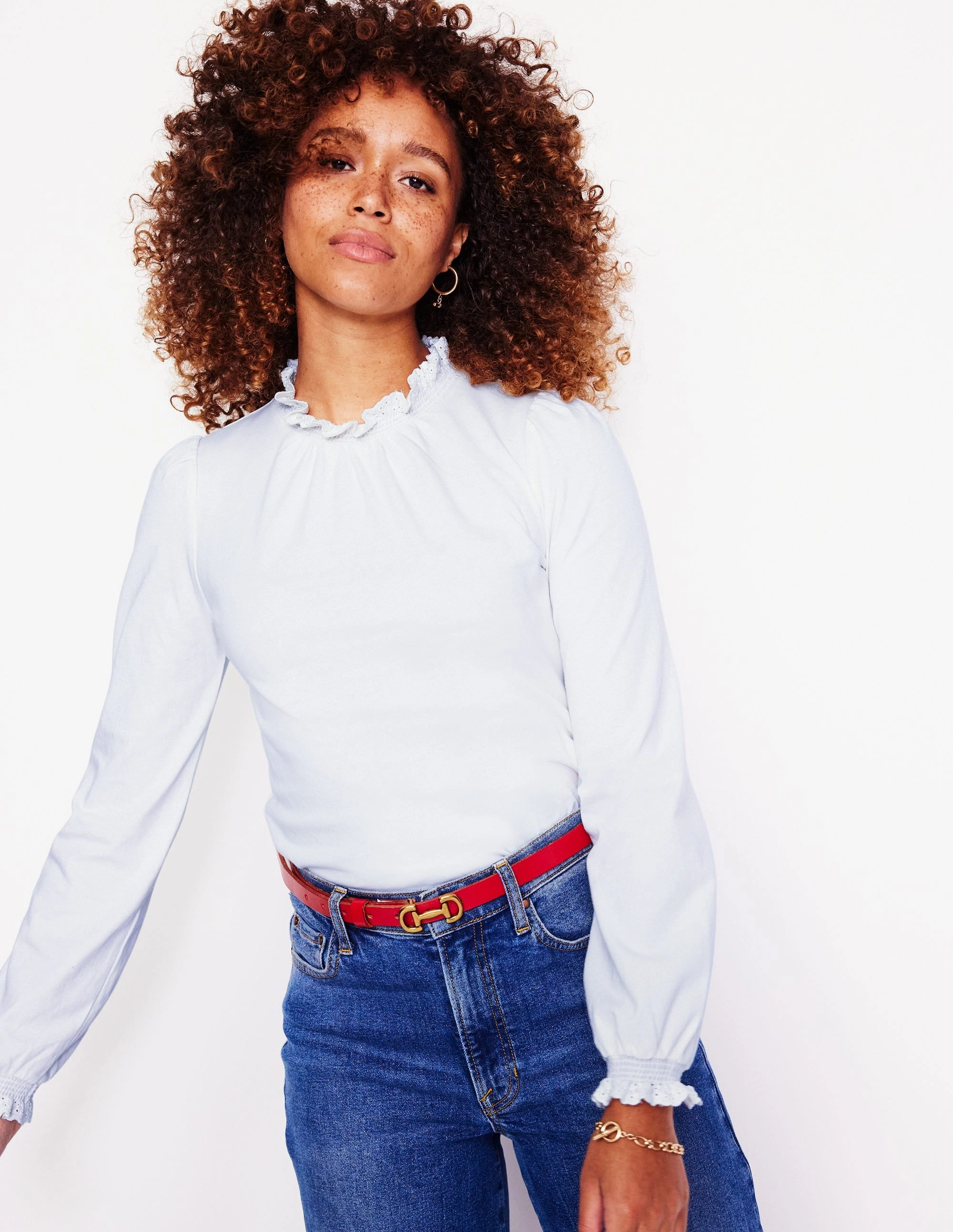 OdorResistantTechnology TearResistant Blends Broderie Smock Neck Top-Ivory