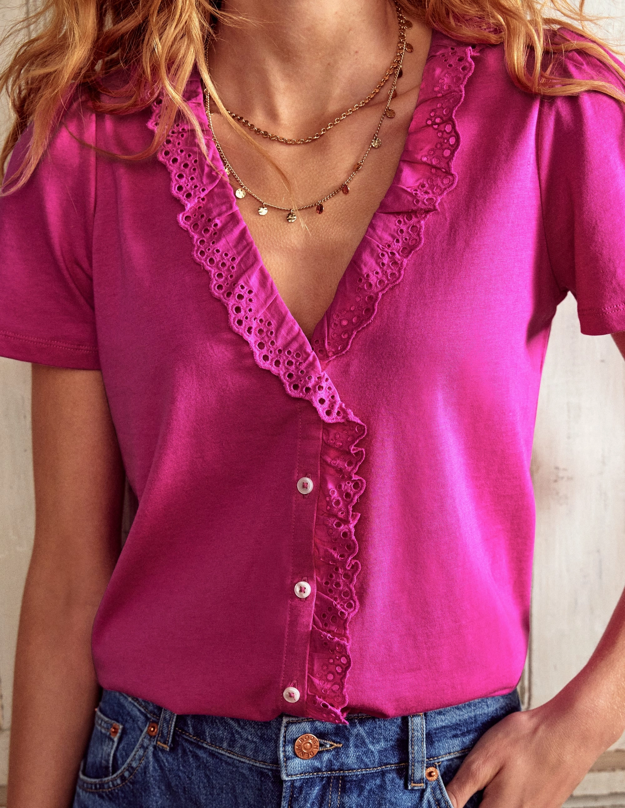 EcoFriendly Dye Process Microfiber texture Broderie V-Neck Top-Cosmos Pink