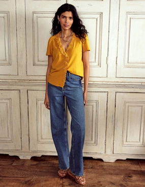 Layered Ventilation Zones Broderie V-Neck Top-Golden Rye