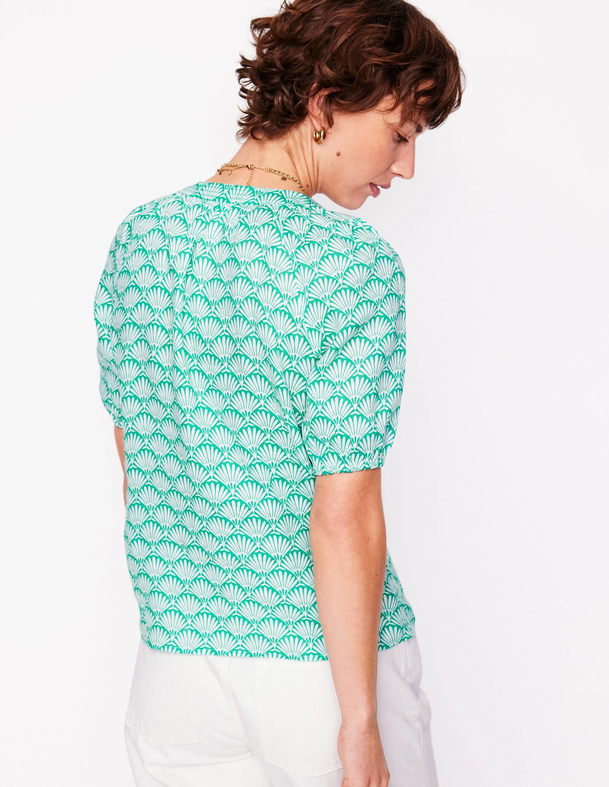 ConvertibleStyle Minimalist Silhouette Brooke Linen Top-Aquamarine, Deco Palm