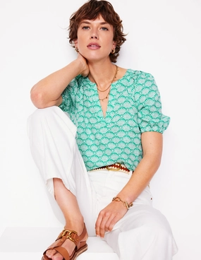 Brooke Linen Top-Aquamarine, Deco Palm Interlock Stitching