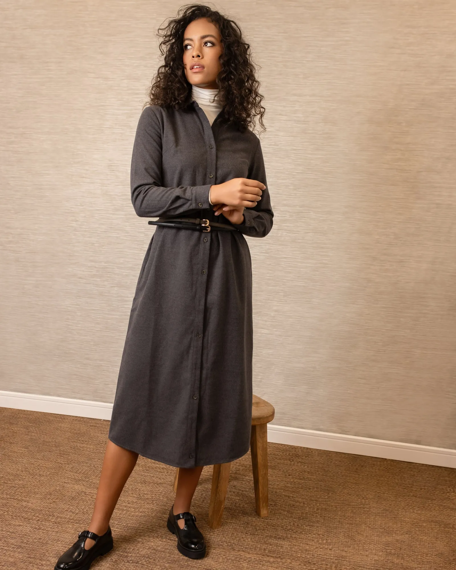 Brushed Button Down Shirtdress | Gray Linen-Blend Minimal Aesthetic