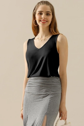 V NECK WIDE SLEEVELESS SOLID TEE SHIRTS TOPS TaglessNecklineComfort
