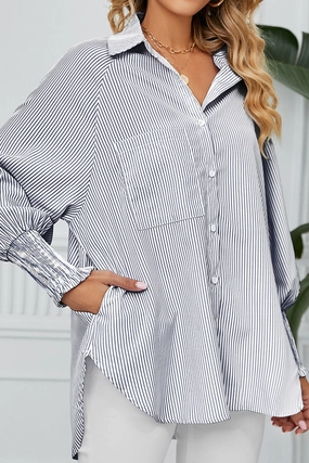 Ethical production CUFF DRAW PLEATED LOOSE STRIPE COLLAR SHIRTS