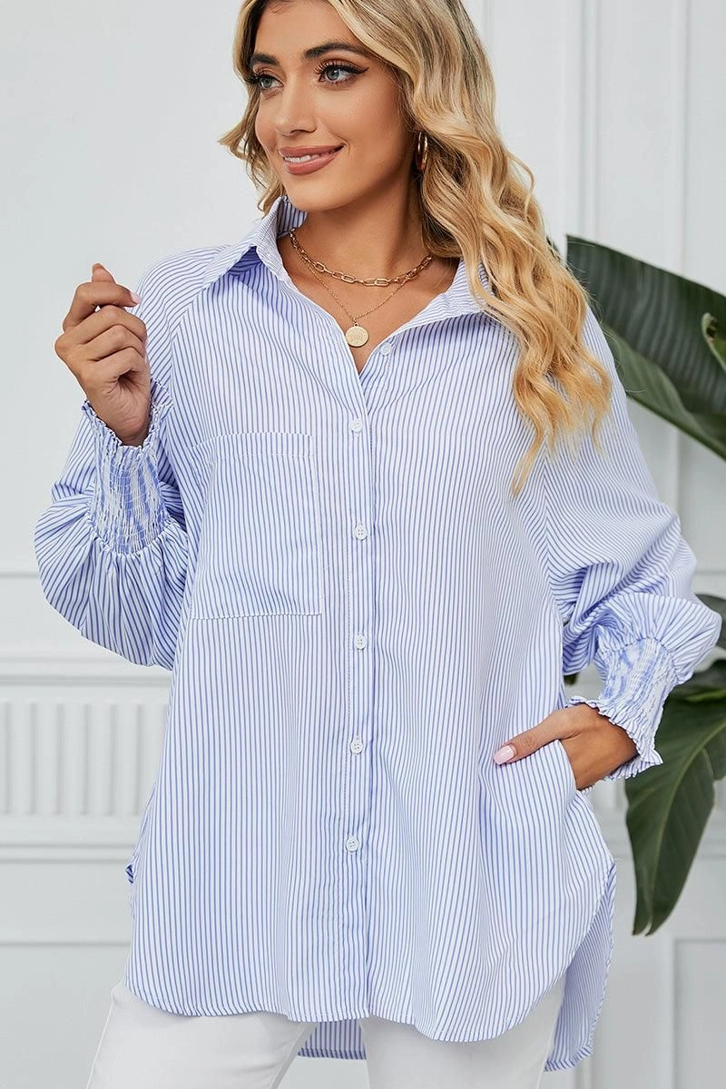 YarnBlend LightweightTexture CUFF DRAW PLEATED LOOSE STRIPE COLLAR SHIRTS