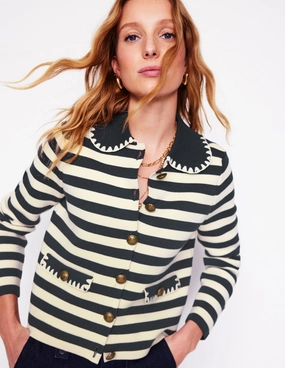 Holly Collared Knitted Jacket-Navy/ Ivory Casual Comfort