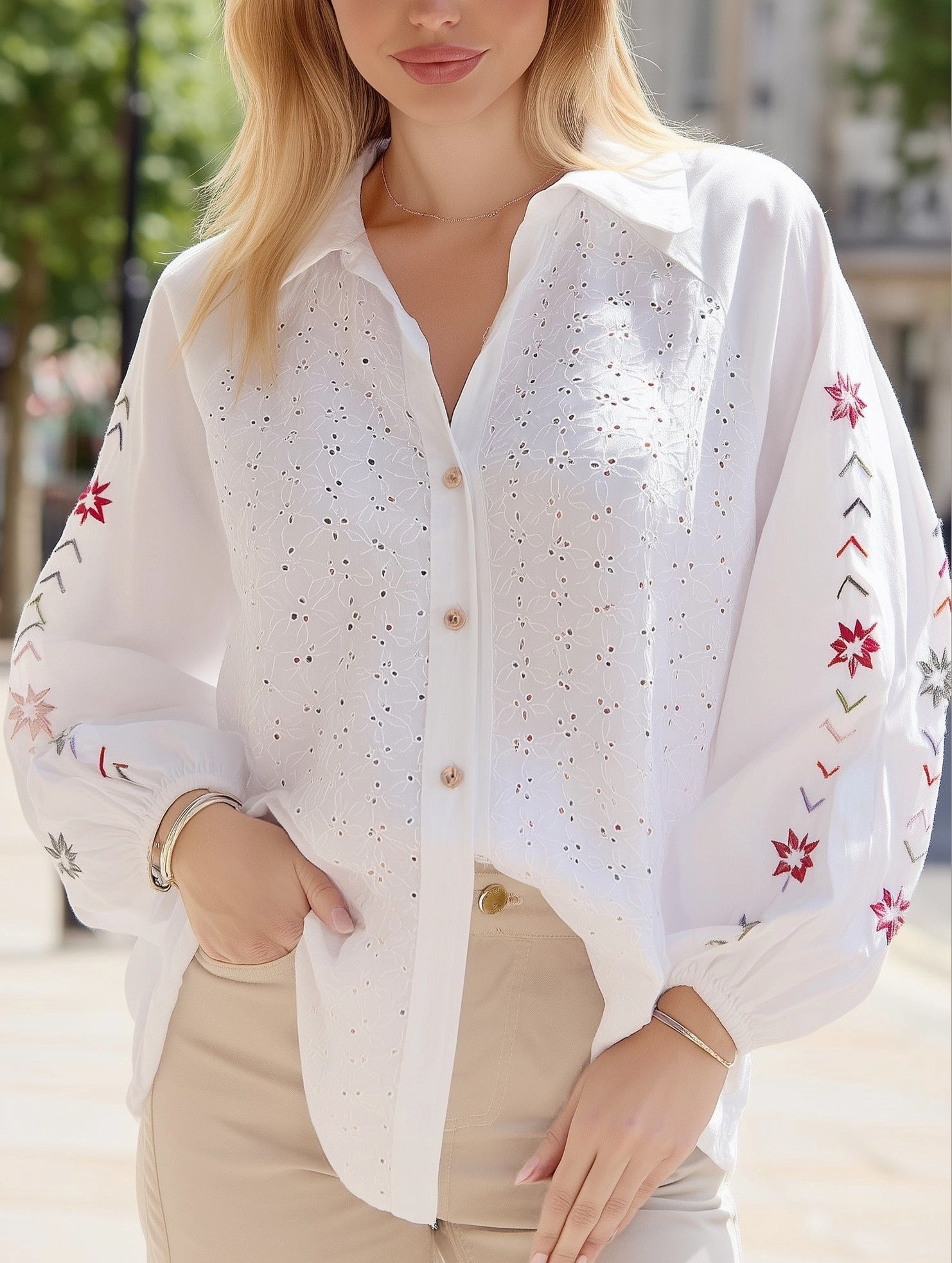 Embroidered Eyelet Shirt ??Balloon Sleeve Vintage Blouse Brushed Interior Flexible Knit Blend