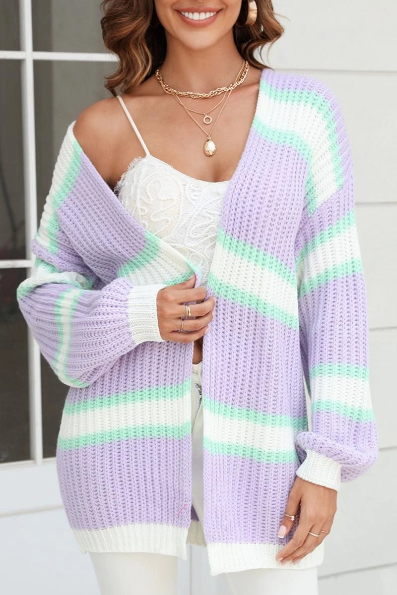 Tailored Seams Elasticated Hem WOMEN OPEN FRONT OVERSIZED COLOR BLOCK CARDIGAN