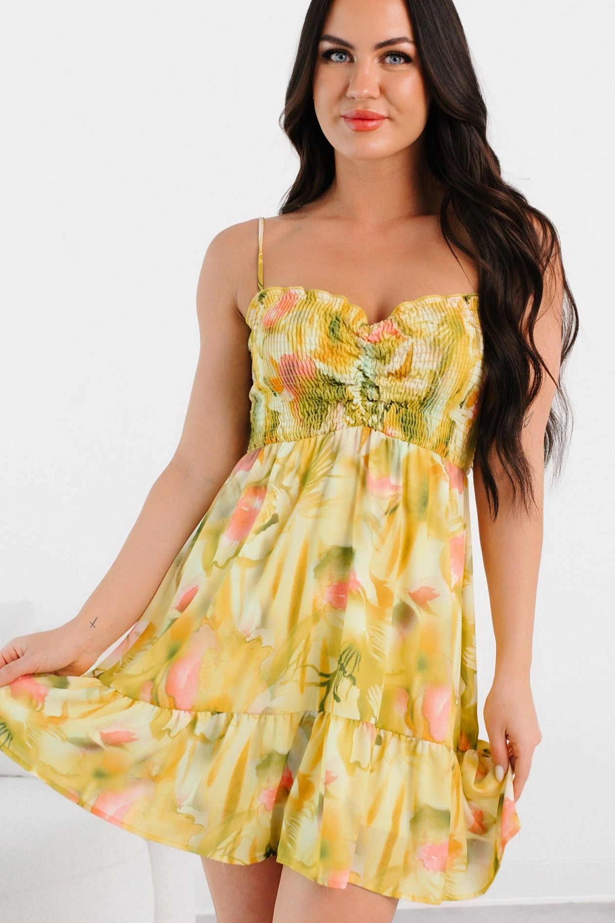 Sophisticated Layers Youthful Feel Blooming Days Smocked Floral Mini Dress (Green)