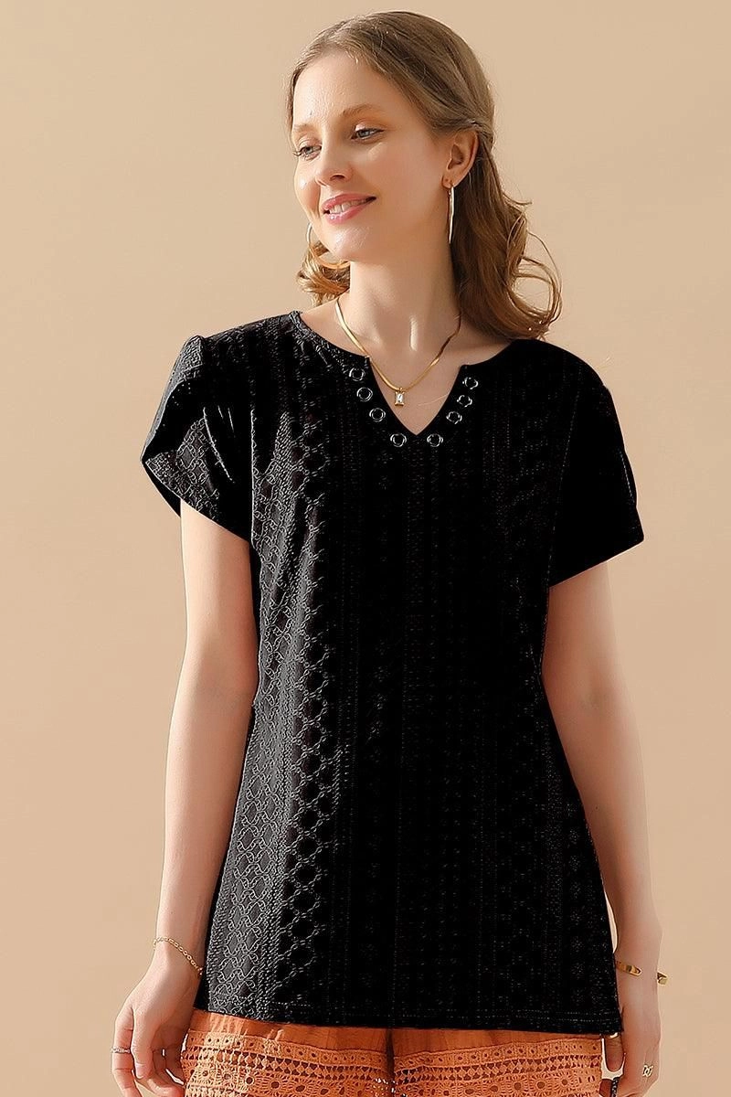 BUCKLED V NECK PUNCHING LACE TULIP SLEEVE TEE Anti Pill Surface MultiPocket Configuration