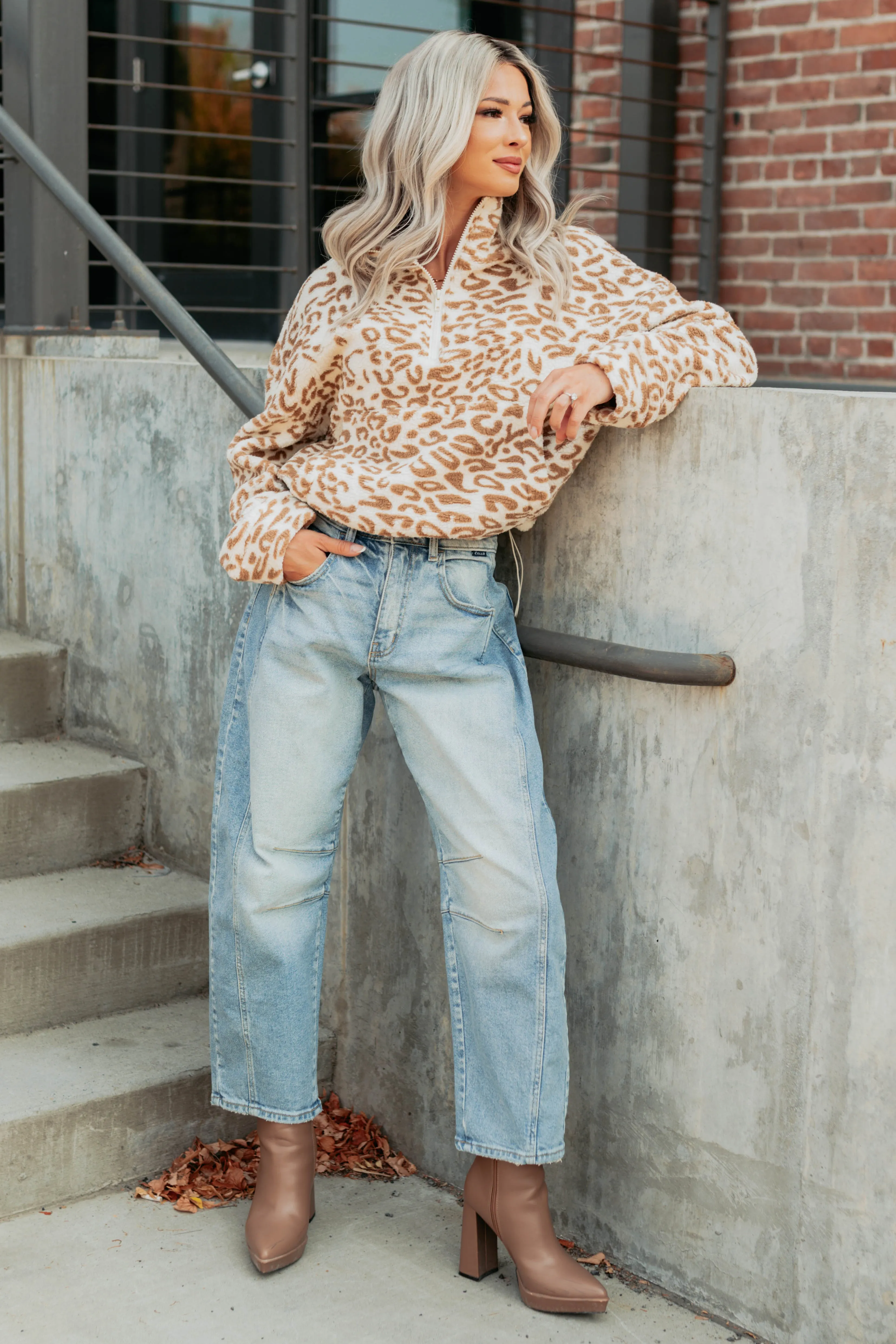 Built Different Fleece Leopard Print Pullover (Camel) Casual Edge