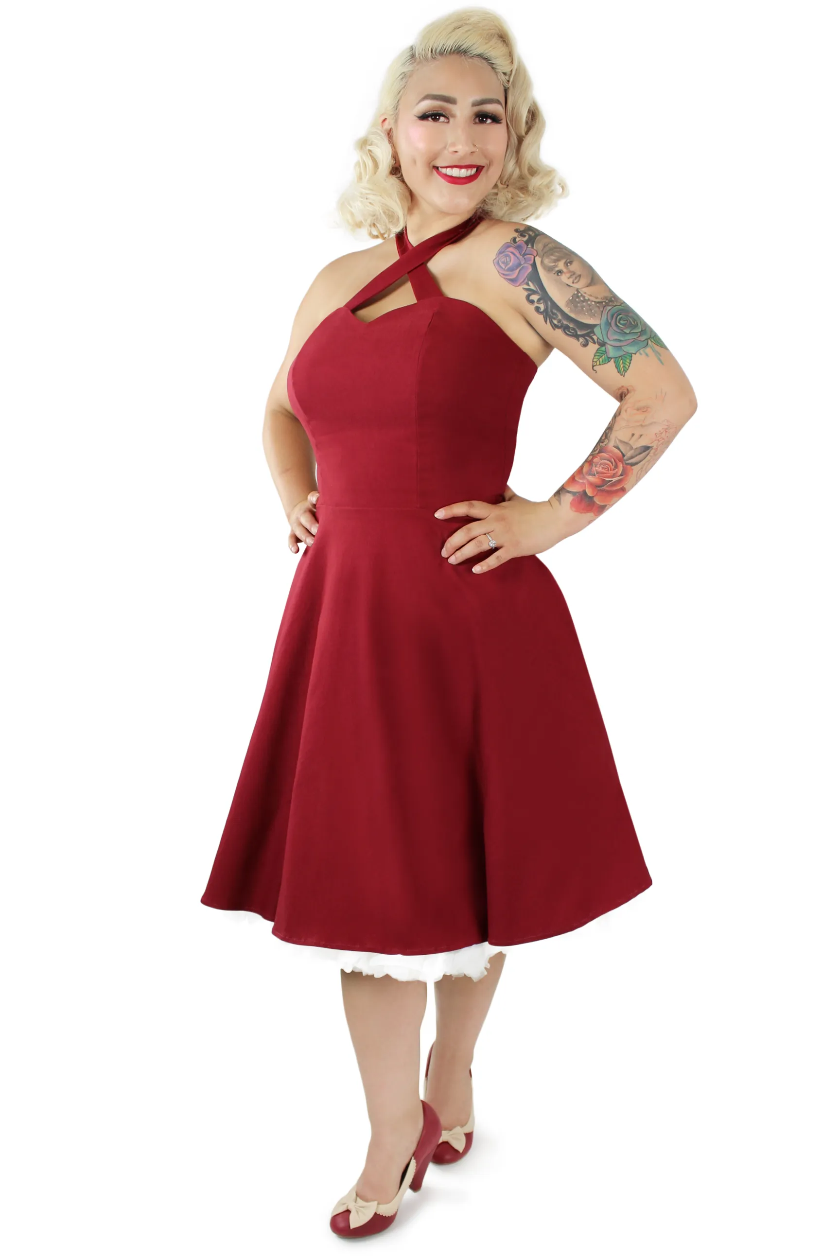 Seasonal Layering Burgundy Criss Cross Halter Dress XS-3XL #CCBD
