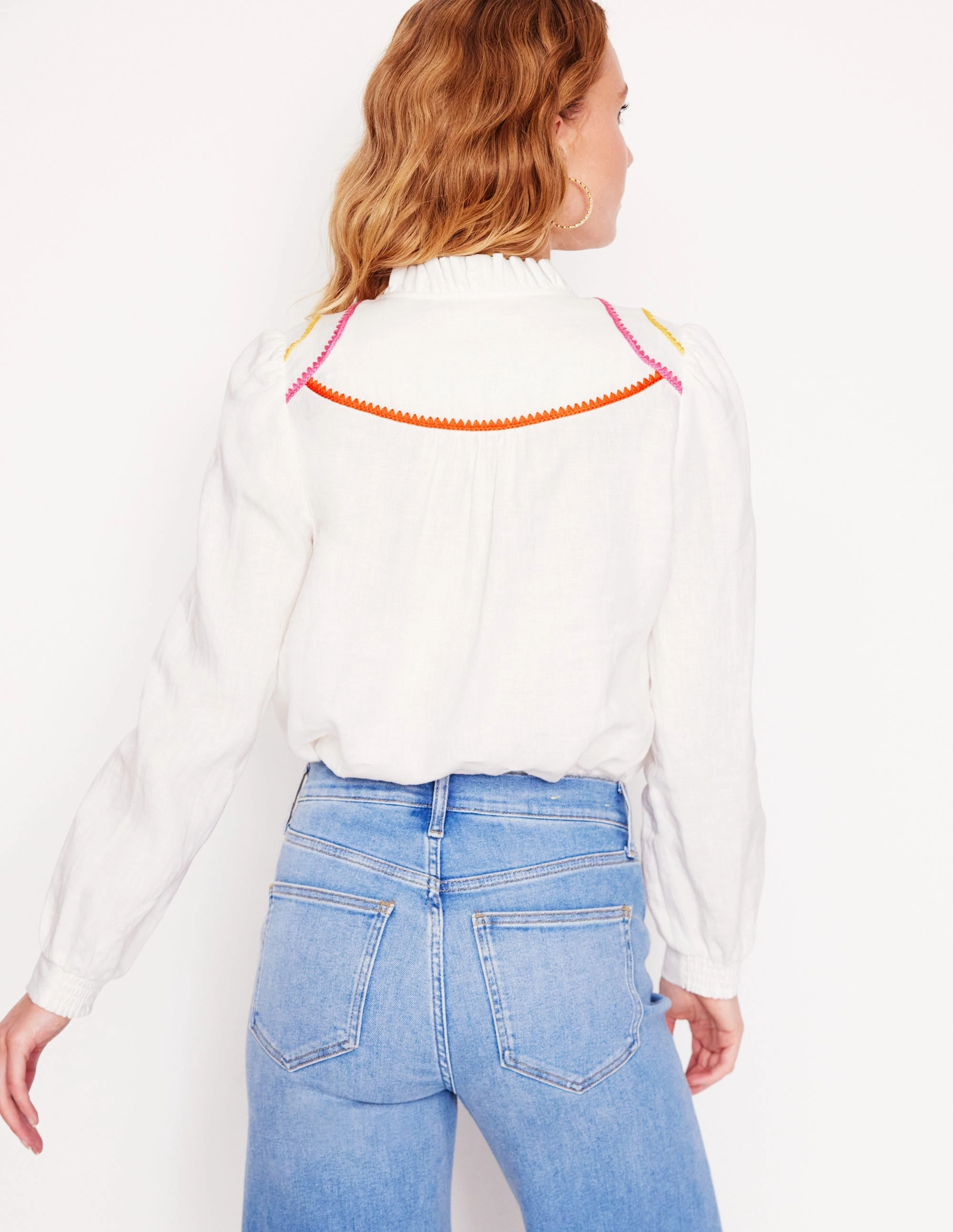 Casual Jacket Formal Wear Grace Linen Top-White, Multi Stitch