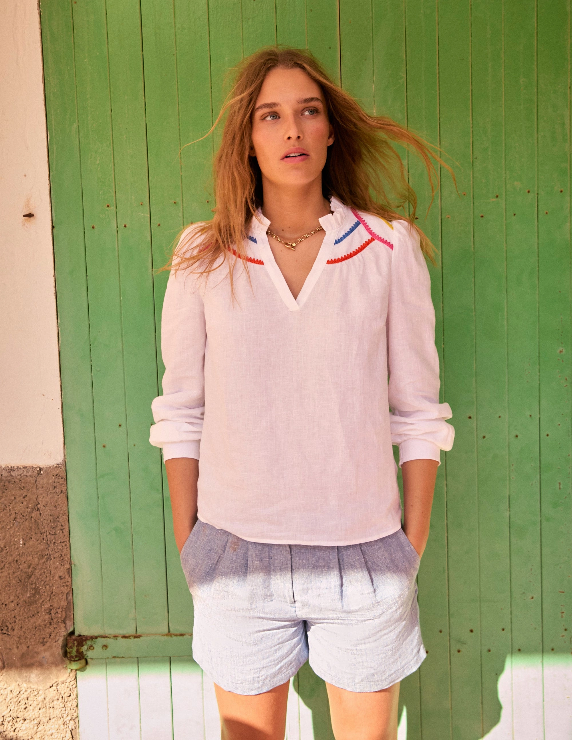 Grace Linen Top-White, Multi Stitch NonChafing Fabric Durable Reinforced Hem