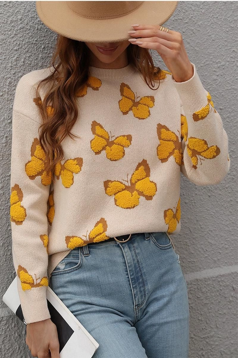 Adjustable Collar System BUTTERFLY PRINTING LONG SLEEVE CASUAL SWEATER