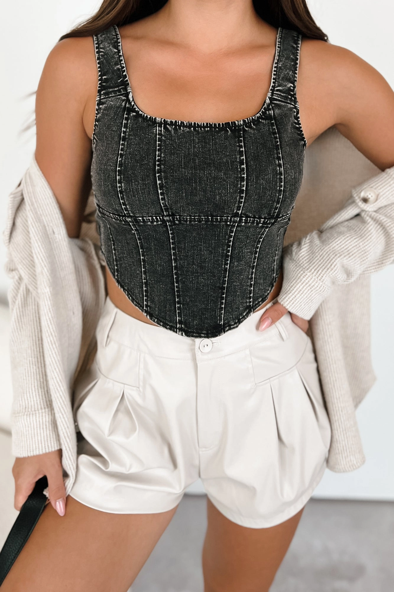 Stylish Hoodie MultiDirectionalStretch That's Just Karma Denim Corset Top (Black)