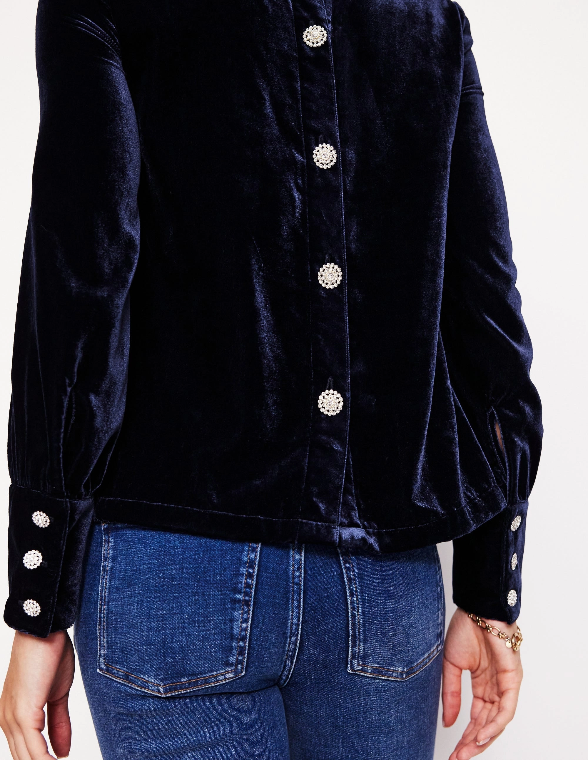 Button Back Velvet Top-Navy RibbedTrims FlexibleKnit