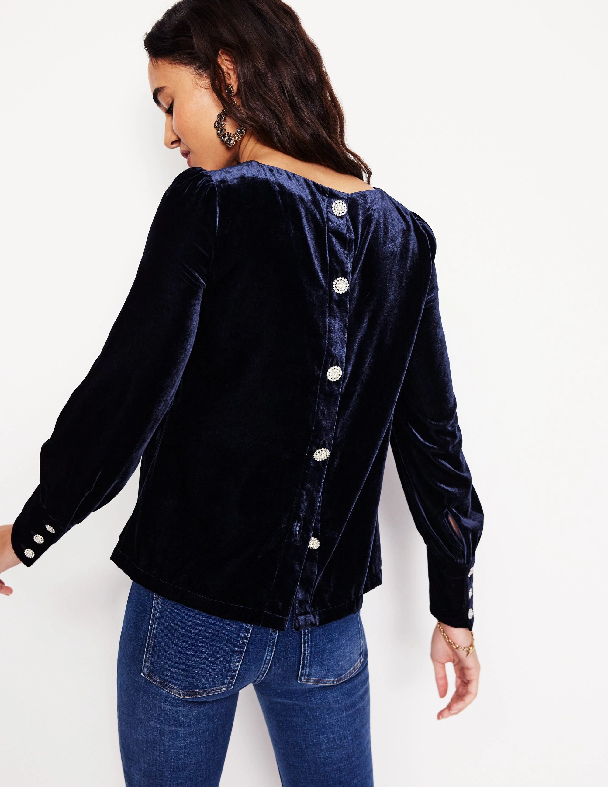Sustainable Production Certified Button Back Velvet Top-Navy