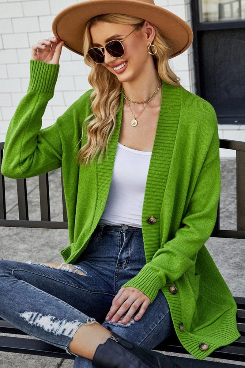 BUTTON CLOSURE RIBBED KNIT CARDIGAN WITH POCKETS NonRestrictive Armholes Reinforced Seam Technique