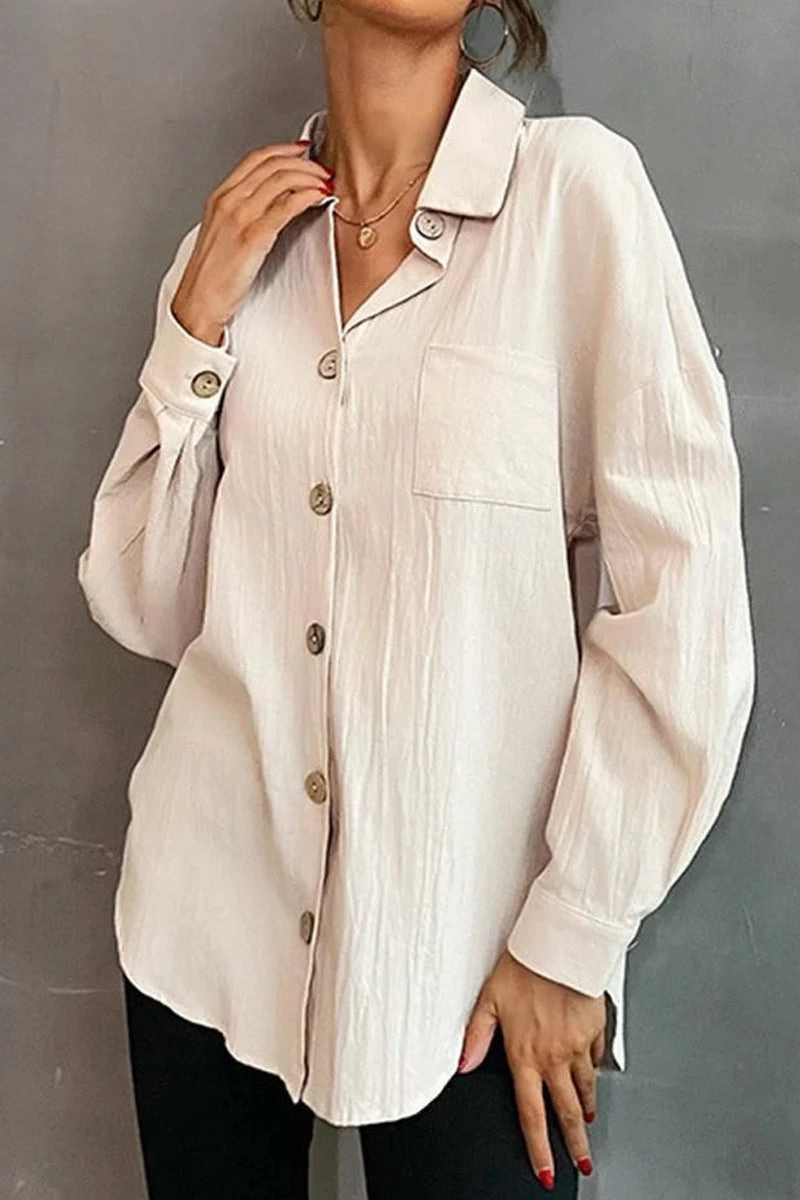 FrictionResistant Edges PlushLining BUTTON DOWN SOLID LOOSE FIT BLOUSE SHIRTS