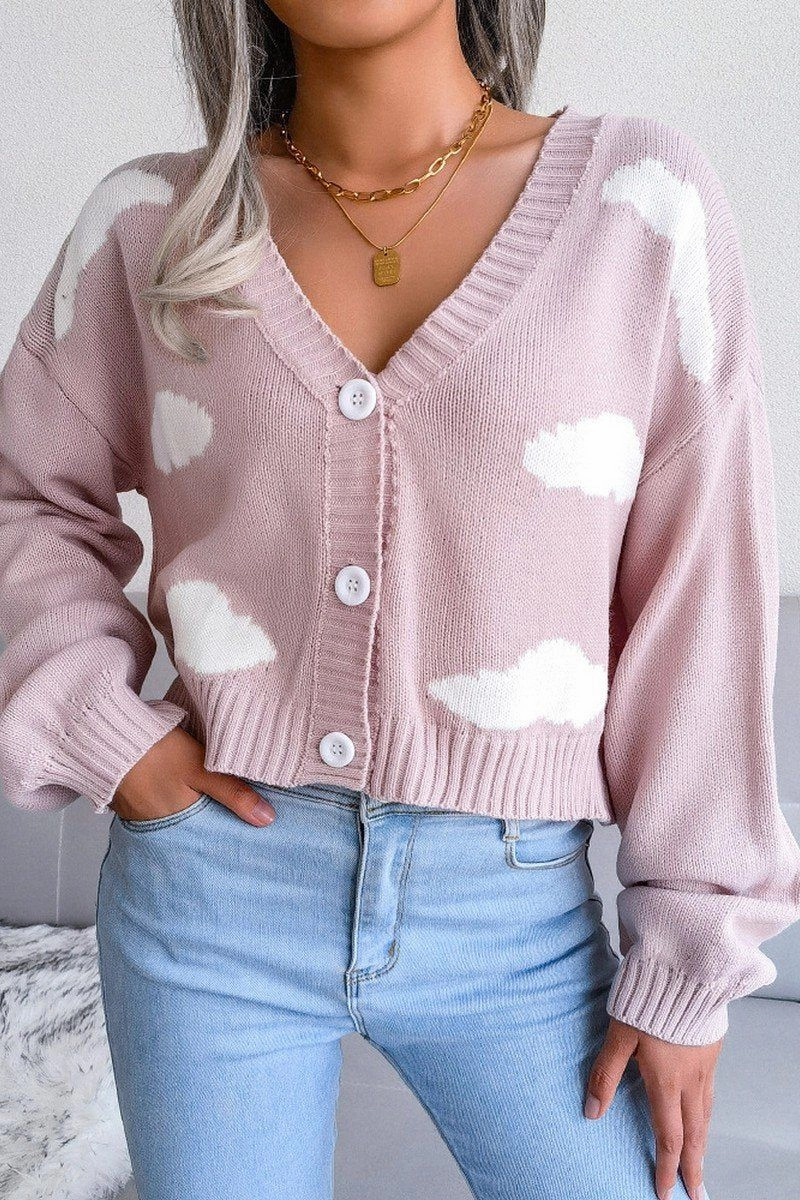 Stretch Fabric BUTTON UP CLOUD PRINTING SHORT LENGTH CARDIGAN