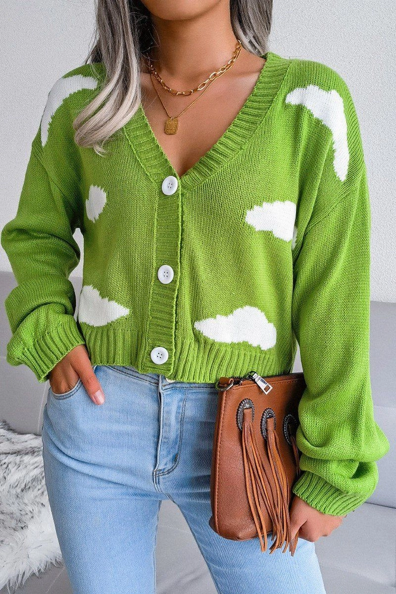 BUTTON UP CLOUD PRINTING SHORT LENGTH CARDIGAN TearResistant Blends Ergonomic Shoulder Cut