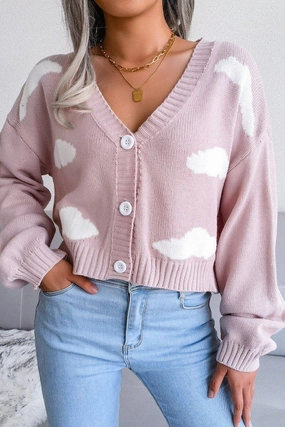 Stretch Fabric BUTTON UP CLOUD PRINTING SHORT LENGTH CARDIGAN