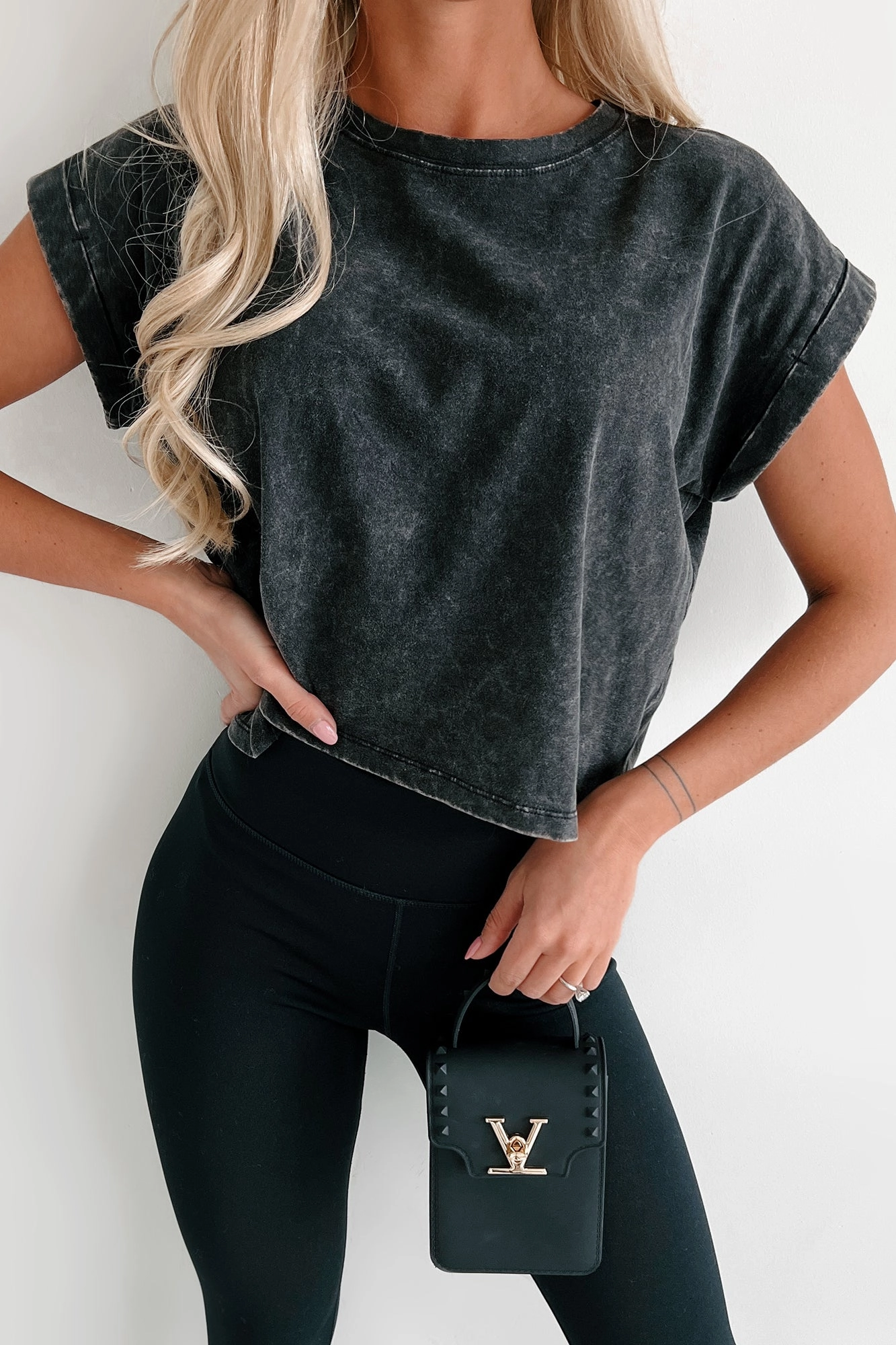 Call Me A Baddie Acid Wash Oversized Crop Tee (Ash Black) Reinforced Neckline