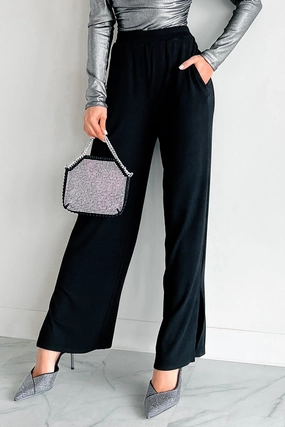Reinforced Pockets Can't Be Bothered Ribbed Knit Wide Leg Pants (Black)