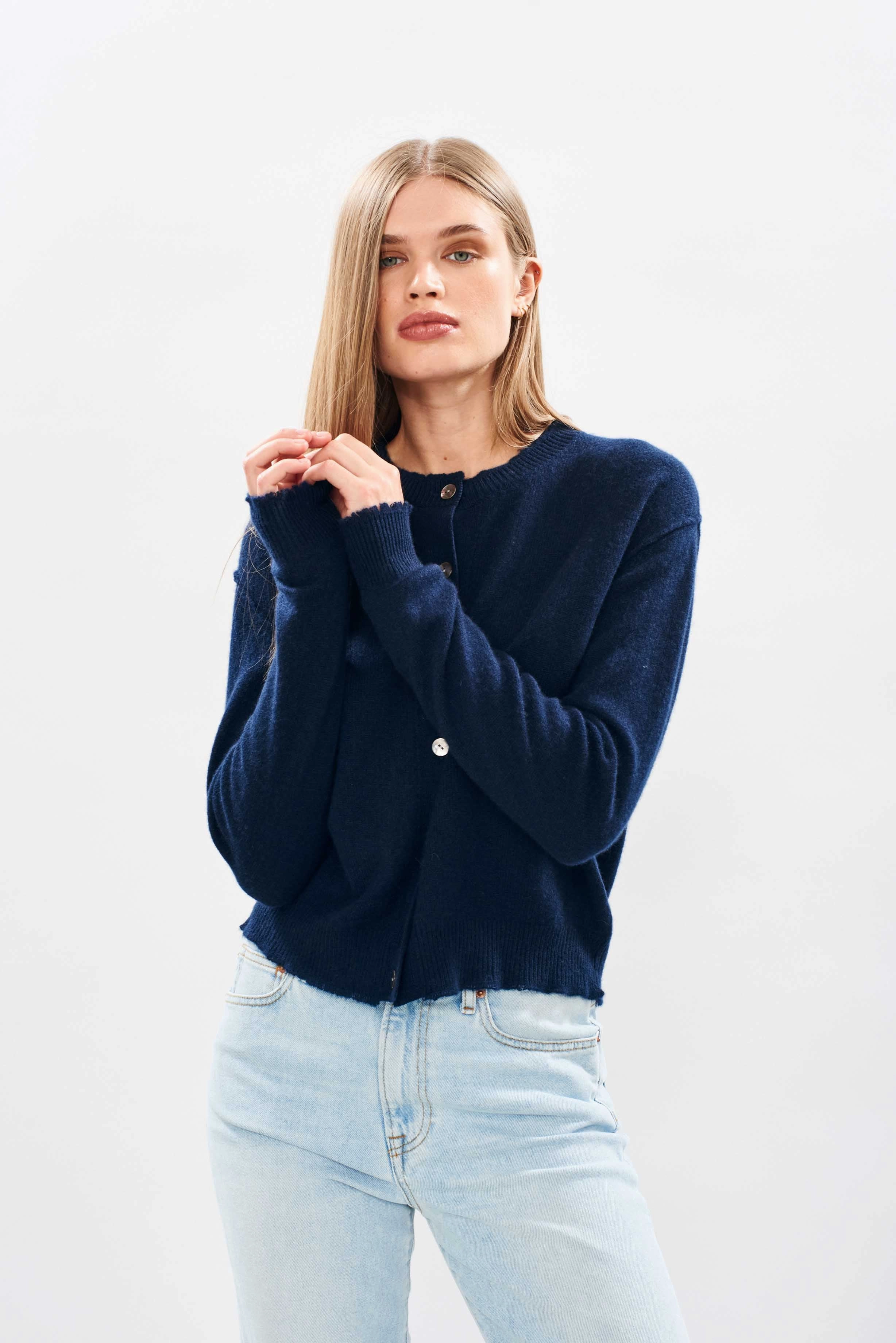 Layered Panel Construction Relaxed Fit Shirt Cashmere Distressed Cardigan in Navy