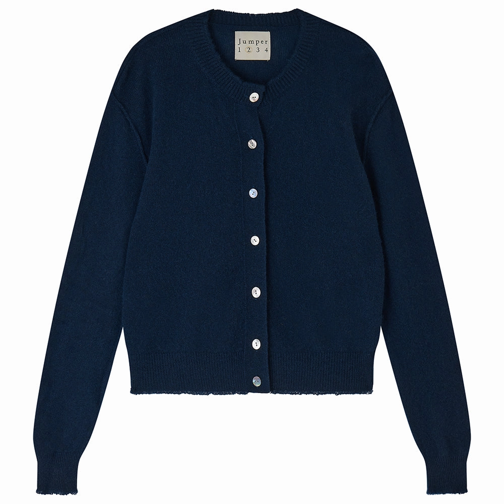 Flex Fit Shoulder Construction Compact Weave Fabric Cashmere Distressed Cardigan in Navy