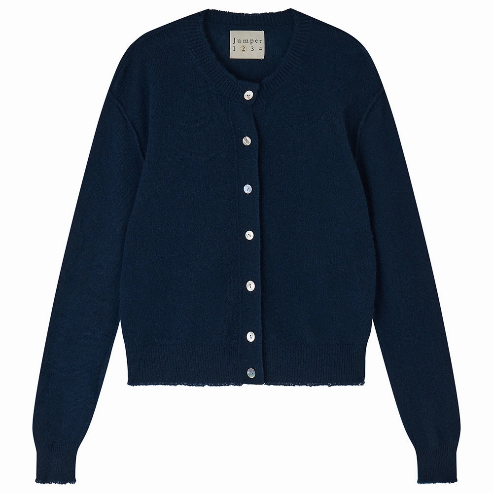 Sleeveless Tee Cashmere Distressed Cardigan in Navy