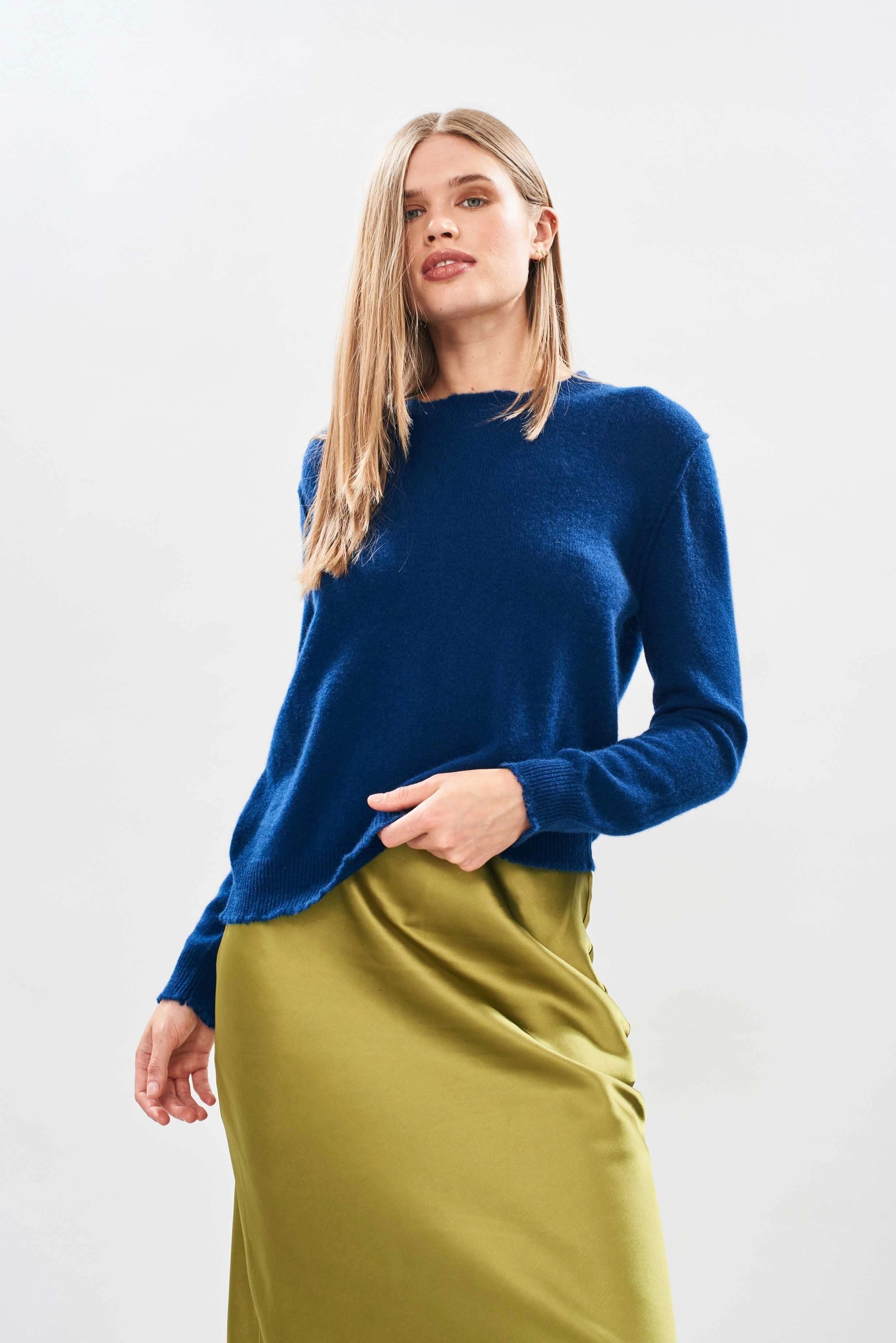 Cashmere Distressed Crew in Dark Denim High Density Weave AntiStaticLining