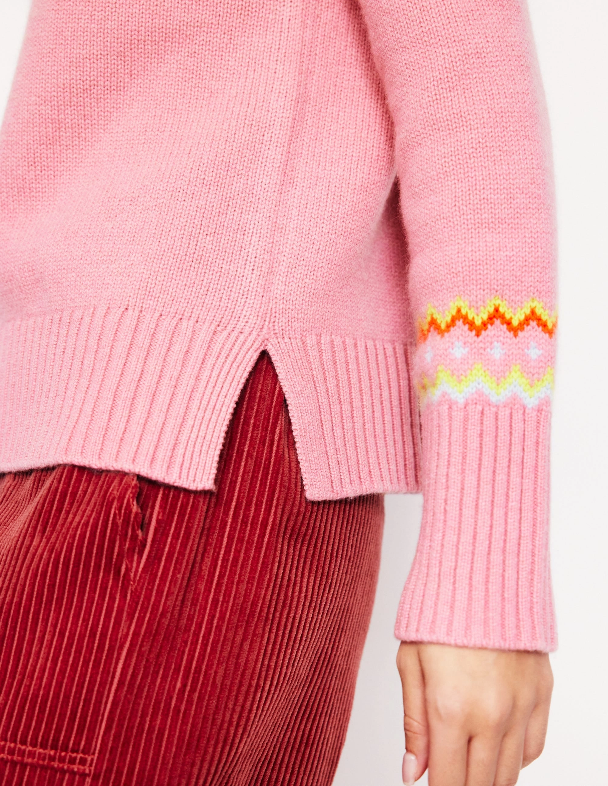 Stretch Knit Backing Cashmere Fair Isle Jumper-Formica Pink