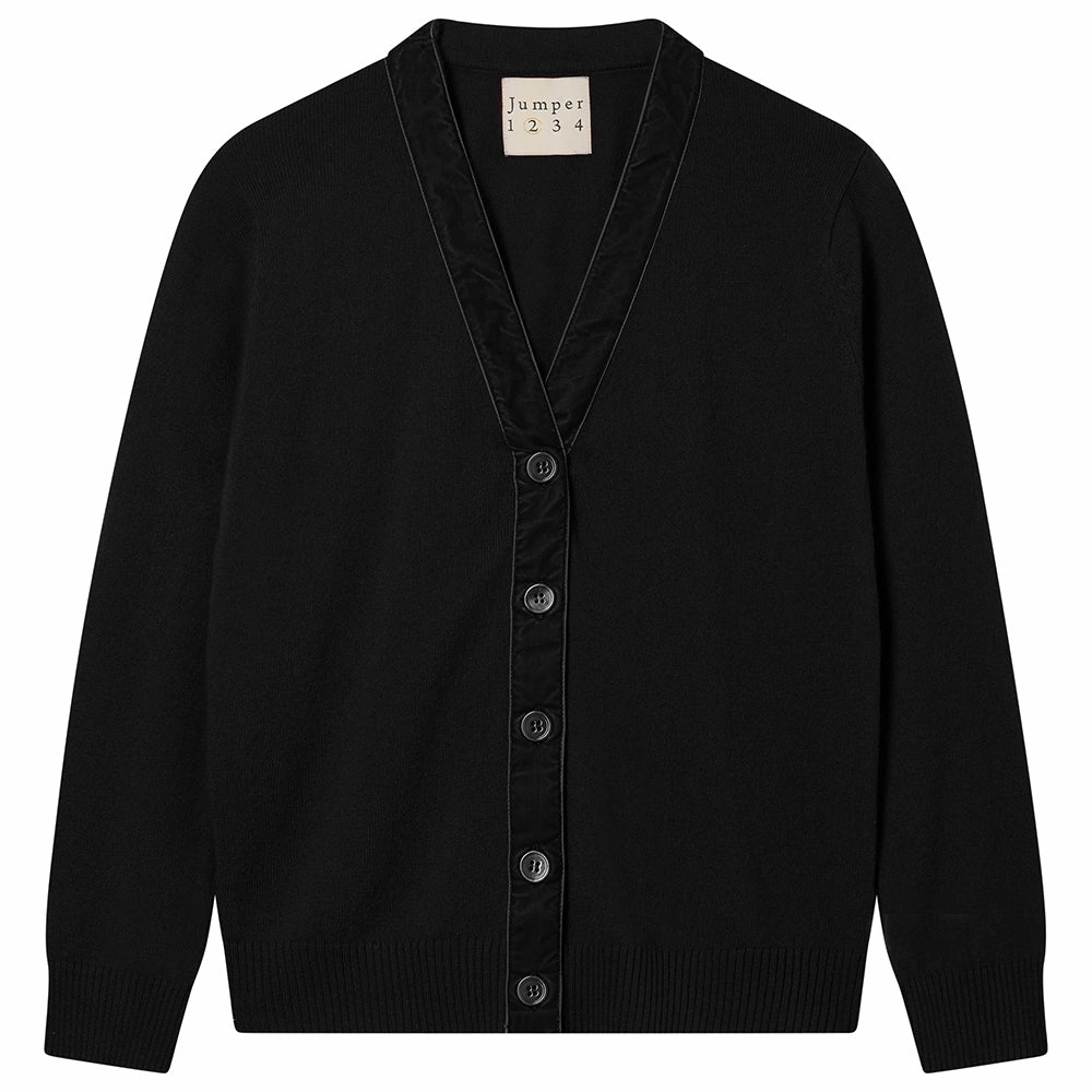 Cashmere Wool Velvet Little Cardigan in Black Tagless Neckline Design