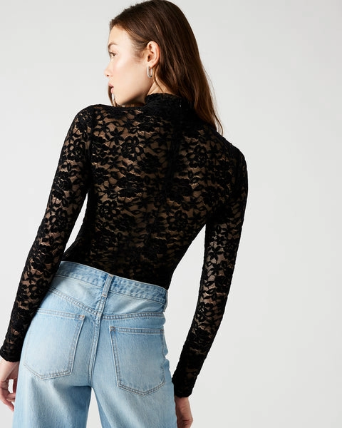 Cassi Bodysuit in Black Tapered Side Panels HighStrength Threadwork