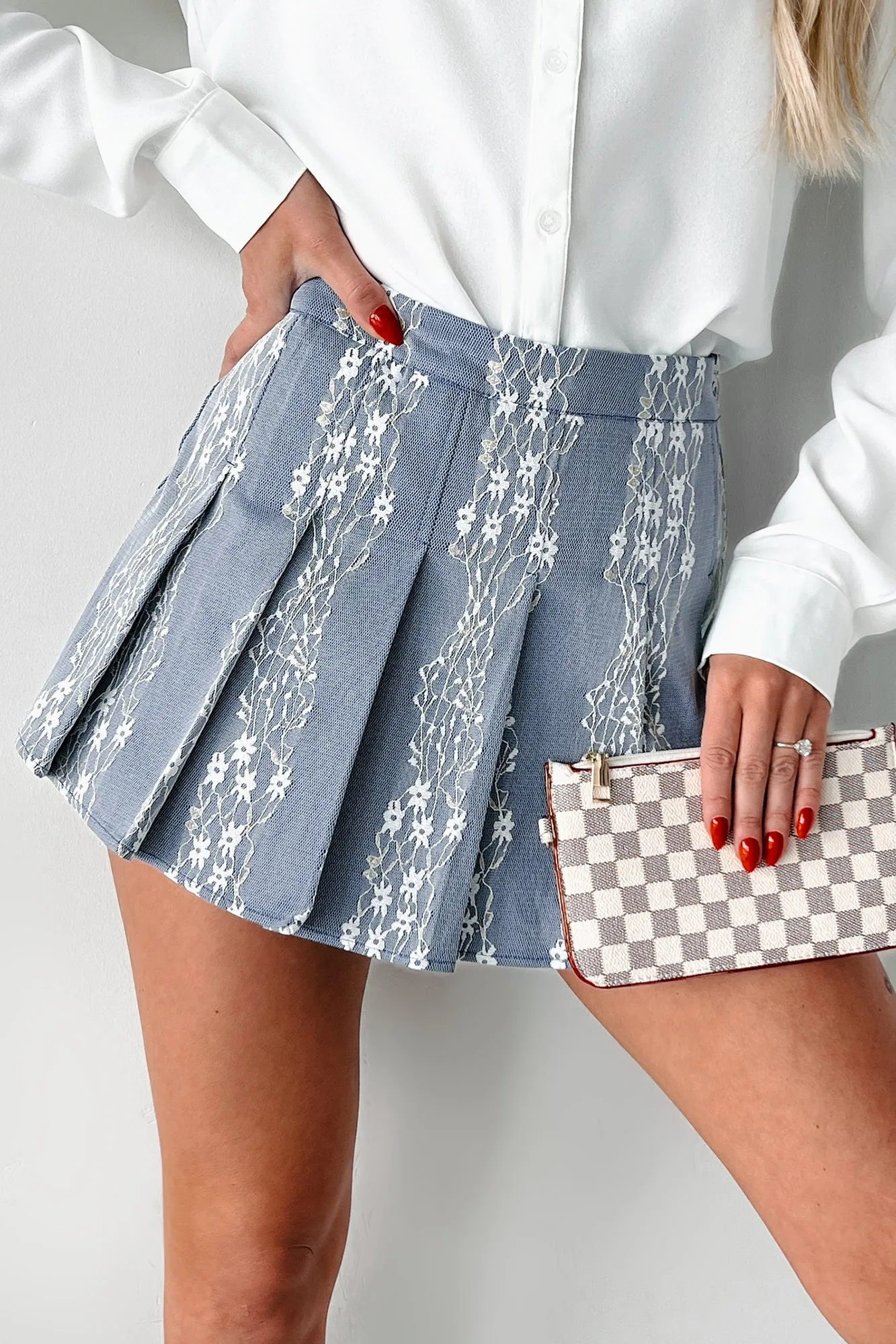 Flirty Concepts Pleated Lace Mini Skort (Blue Denim) HypoallergenicFabric WaffleWeave