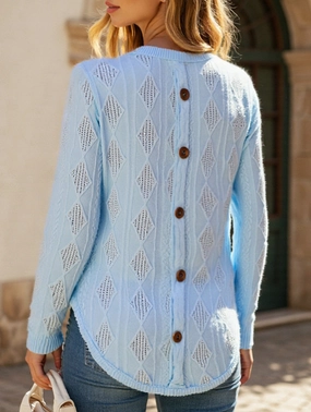 Minimalist Cuff Daily Wear Casual Curved Hem Back Button Hollow T-Shirt