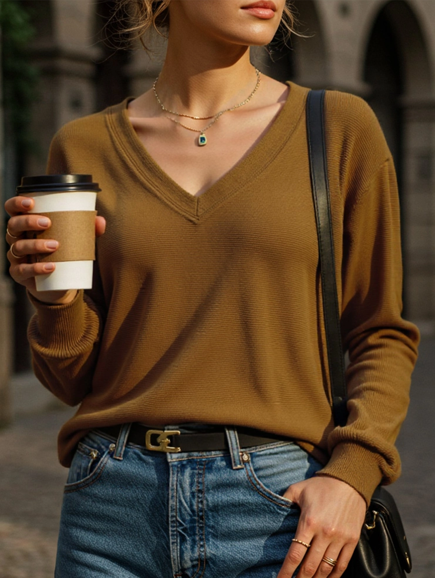 Casual Waffle V-Neck Solid Color Long-Sleeve T-Shirt Reinforced Neckline