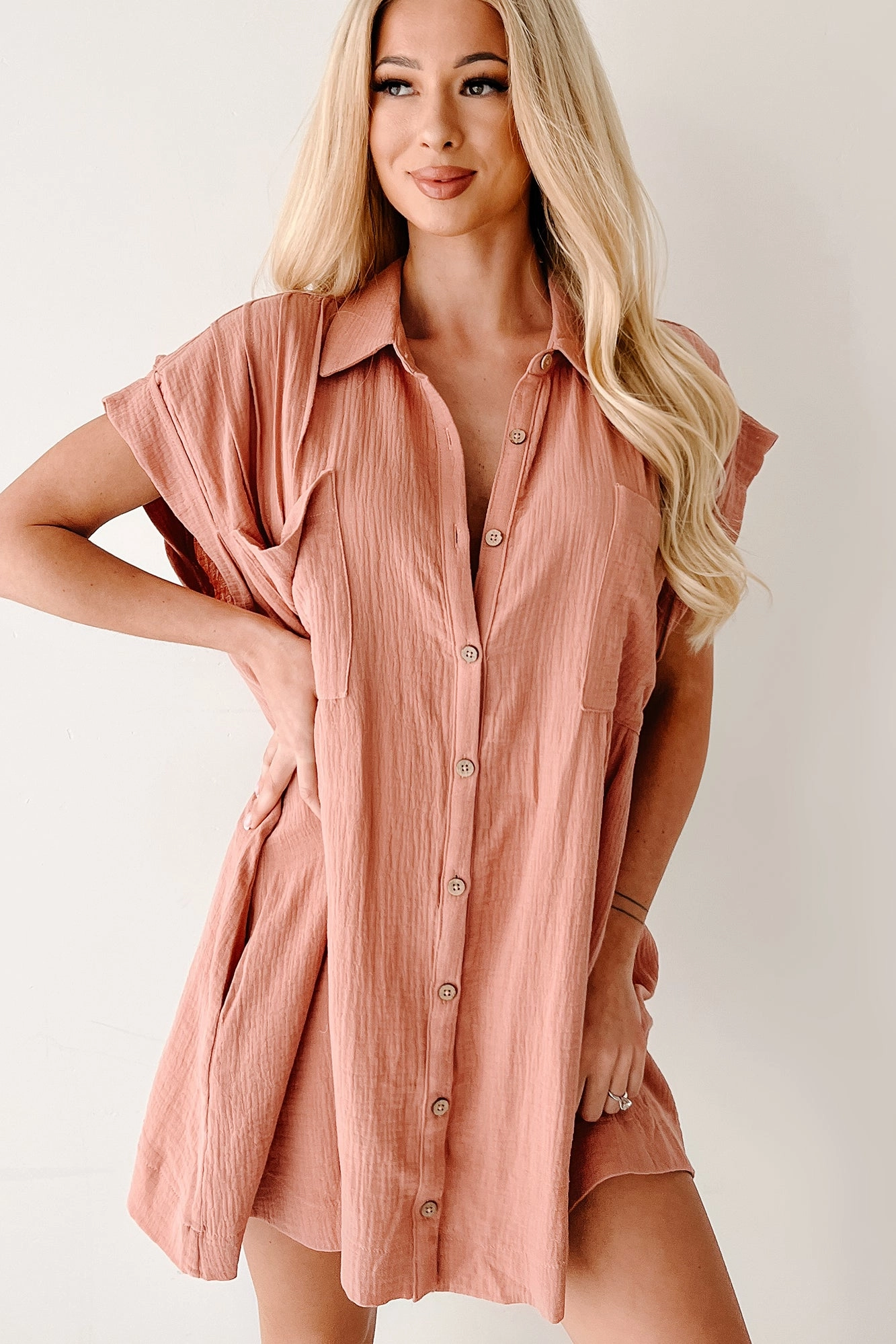 Flattering and Effortless Catch My Heart Gauze Shirt Dress (Clay)