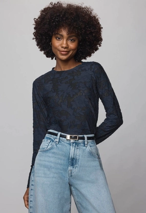 HeatRegulating Tear Resistant Cecelia Floral Long Sleeve Top in Ice Navy