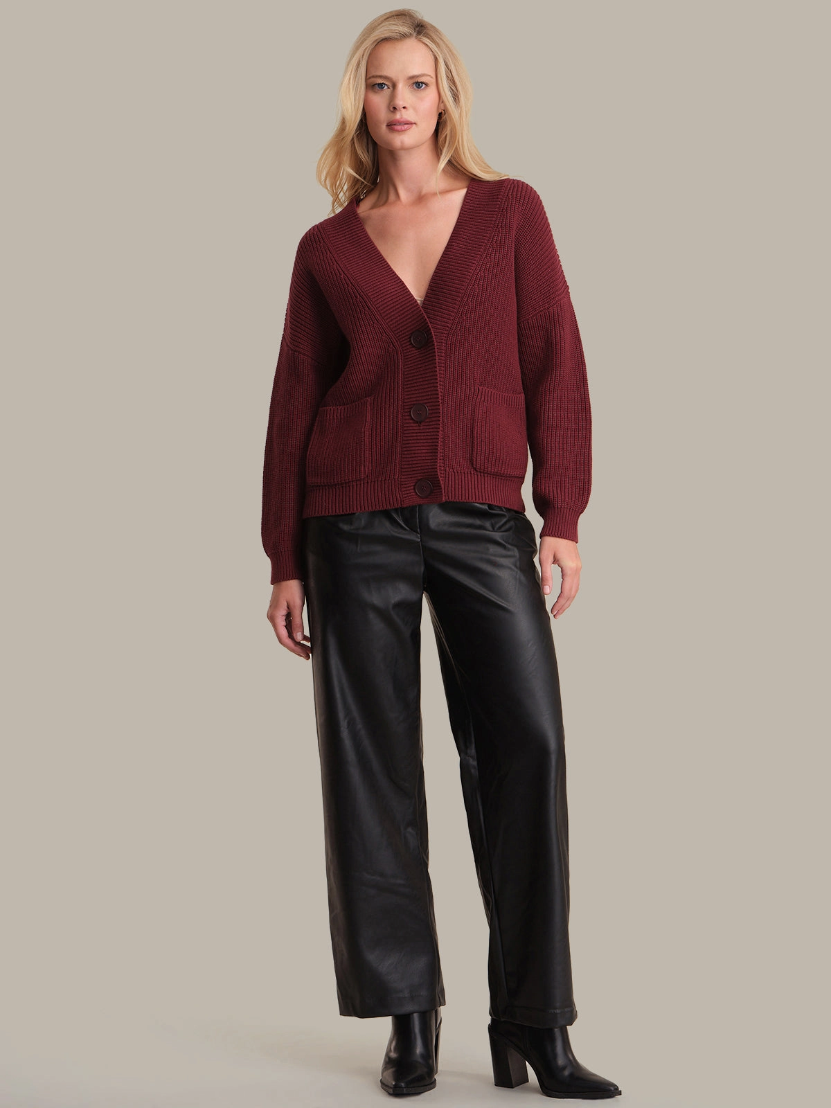 Anti Pilling Fabric Celeste Button Down Cotton Cardigan in Oxblood
