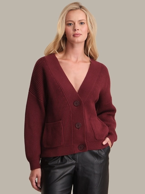 Textured Weave Pattern Hypoallergenic Fiber Celeste Button Down Cotton Cardigan in Oxblood