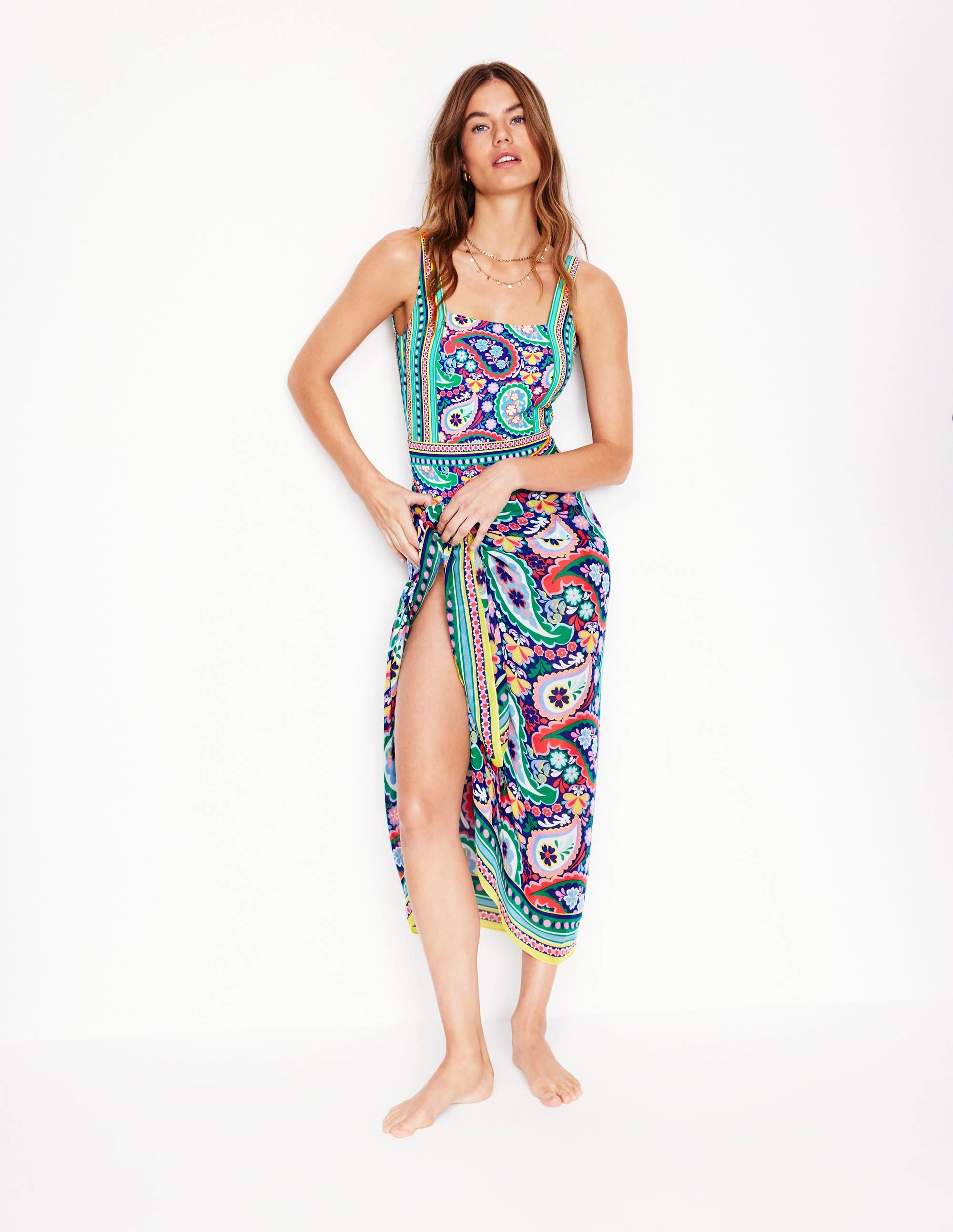 Coastal Escape Stylish Outfit Lefkada Square Neck Swimsuit-Multi, Meadow Paisley