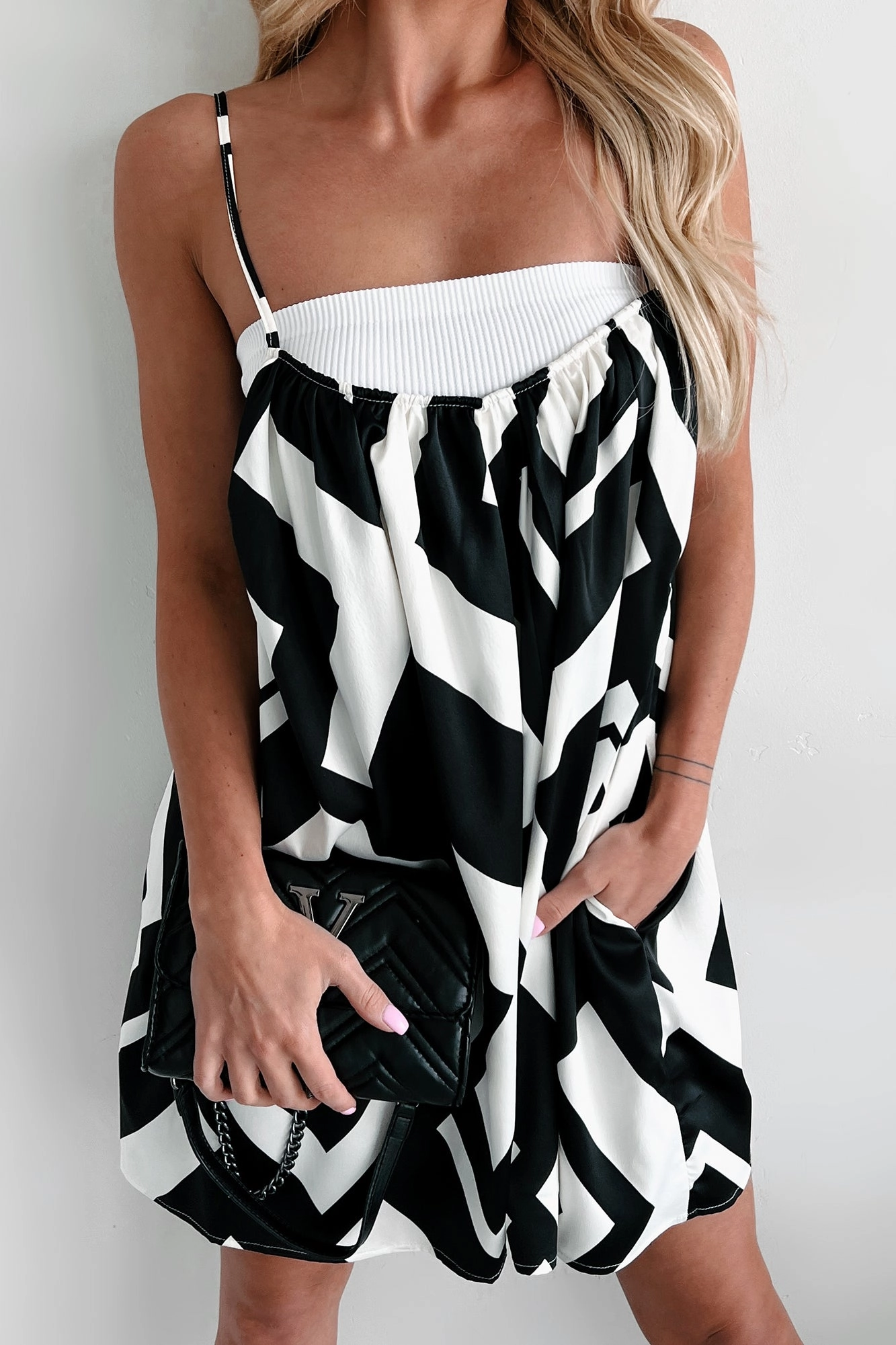Flattering Cut Classic Appeal Keep It Creative Geometric Satin Romper (Black/White)