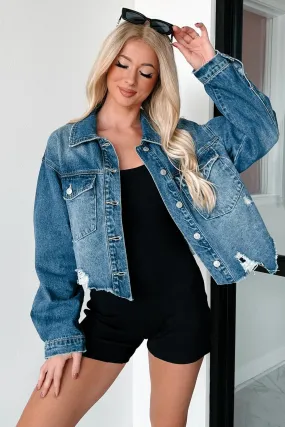 Everywhere I Go Distressed Denim Jacket (Medium Denim) Bonded seams