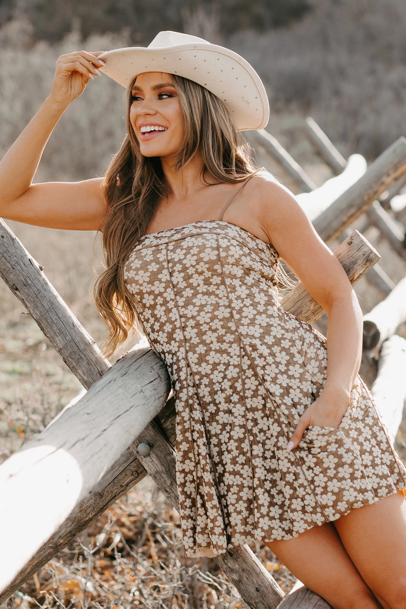 Modern Staple Charming Glow Sleeveless Floral Mini Dress (Taupe)