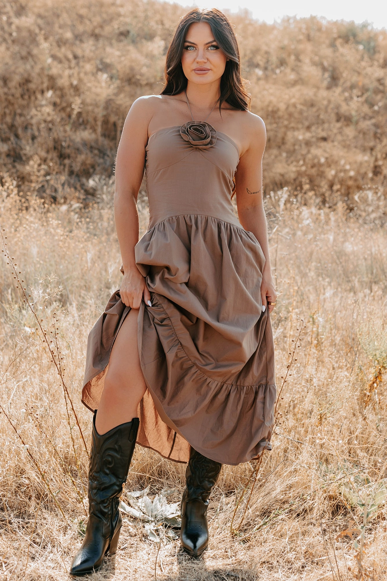 Charming The Night Halter Maxi Dress (Chocolate) SmoothEdgeFinish Subtle Motion